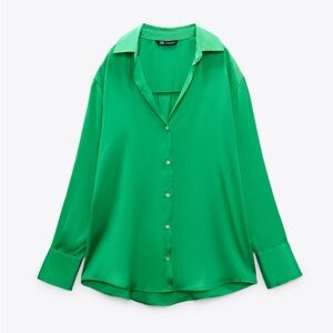 Green satin button down blouse from Zara